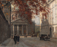 Street scene of Frederiksgade near Marmorkirken in early 1930s with vintage cars and historic buildings
