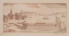 Engraving of His Majestys North Battery in Boston Harbor with Christ Church and Charlestown in the background