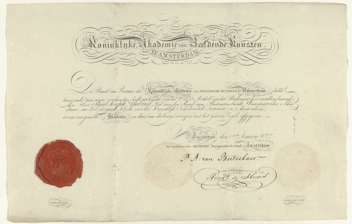 Historical letter dated January 1, 1822, from the secretary of P.A. van Boetzelaer regarding the appointment of Paulus Joseph Gabriël as member of the Royal Academy of Fine Arts in Amsterdam