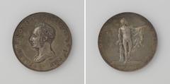 Silver historical medal depicting bust of Willem I Frederik and Apollo with laurel wreath, commemorating the founding of the Royal Academy of Visual Arts in Amsterdam in 1820