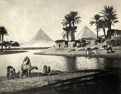 Arab village in an oasis with palm trees under the shadow of the pyramids of Giza, Egypt, 1914