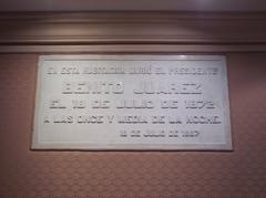Funeral plaque of Benito Juárez in the room where he died, displayed at the Benito Juárez Museum in the National Palace, Mexico City