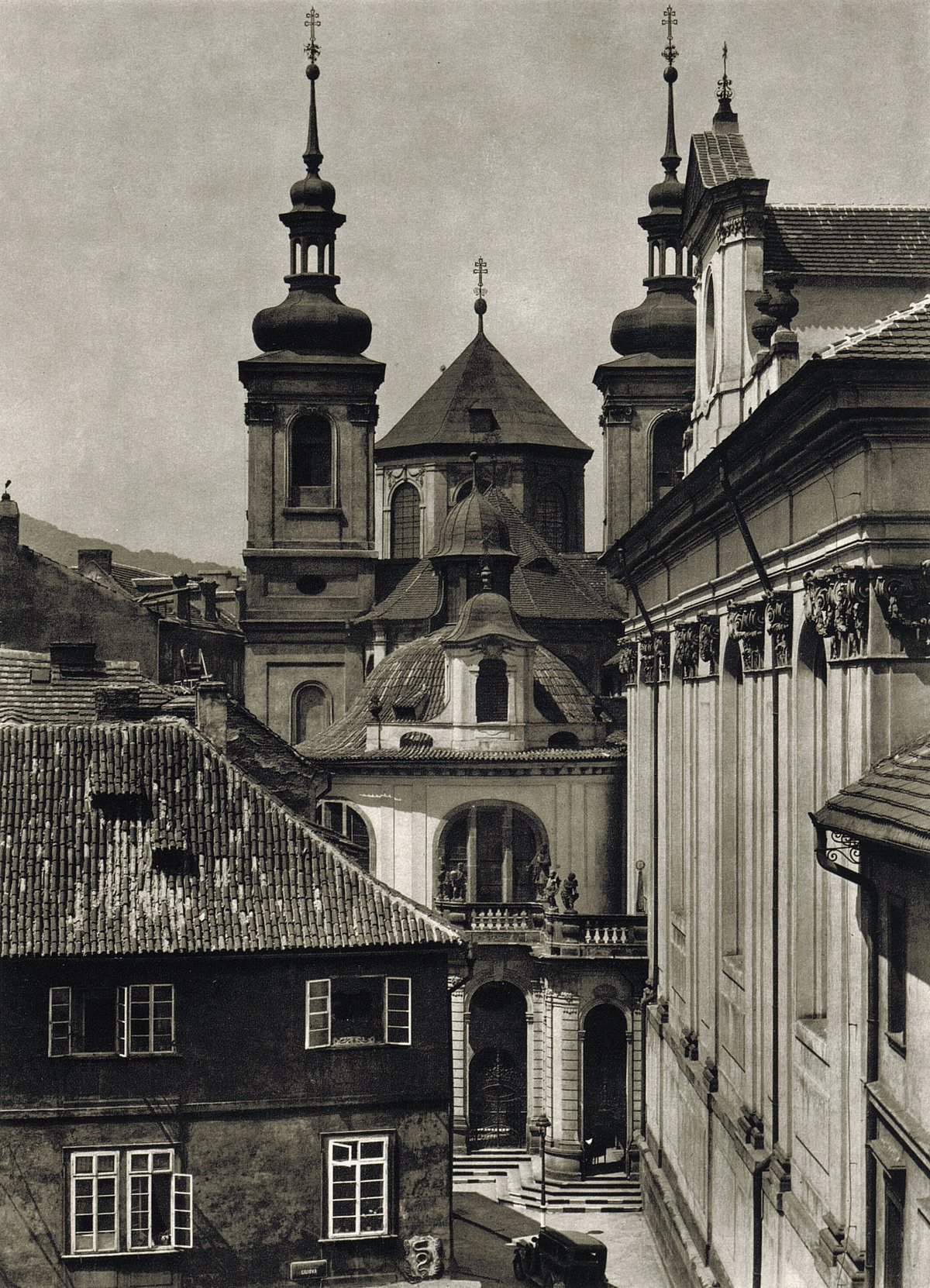 Church of St. Salvator with Vlašská Chapel and Church of St. Clement in Prague black and white photo
