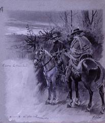 Two horsemen waiting in a landscape, watercolor painting by Mariano Pedrero