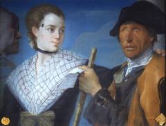 Pastel painting titled 'Ciego de romances y unas mujeres' by Eugenio Jiménez de Cisneros, 1781