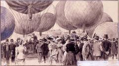 Historical balloon festival detail showing balloons ready to depart in the Aerostation Park on Gasómetro Street, Madrid, artwork by Mariano Pedrero