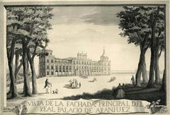 Front facade of the Royal Palace of Aranjuez with detailed carving by Hermenegildo Victor Ugarte