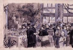 La Tómbola vintage watercolor painting by Mariano Pedrero showing a lively lottery scene with multiple characters
