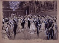 Vintage painting of a ballroom dance at Ajuda Palace in Lisbon, 1903