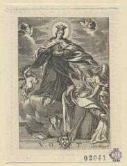 Virgen del Carmen entregando el escapulario a San Simón Stock engraving by Bernardo Albiztur