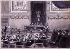 Solemn reception session at the Spanish Academy in Madrid with King Alfonso XIII presiding, watercolor painting by Mariano Pedrero