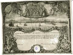 Engraving depicting action of the Royal Trading Company established in Barcelona by Ignacio Valls after drawing by Manuel Tramullas