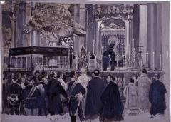 Don Alfonso XIII kissing the mantle of the Virgin of the Pillar in Zaragoza, 1903 oil painting