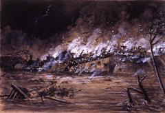 Railway derailment on a bridge painting by Mariano Pedrero 1904