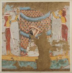 Facsimile of Haremhab's funeral boat showing mourning scene
