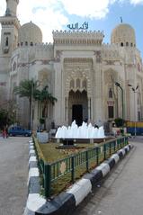 Front view of Abu al-Abbas al-Mursi Mosque in Alexandria Egypt with intricate Islamic architecture and large minaret