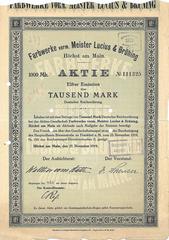 Historic stock certificate of Farbwerke vorm. Meister Lucius & Brüning for 1000 Marks issued in 1919