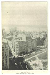 Panoramic black and white view of New York City skyline from the World Dome in 1893