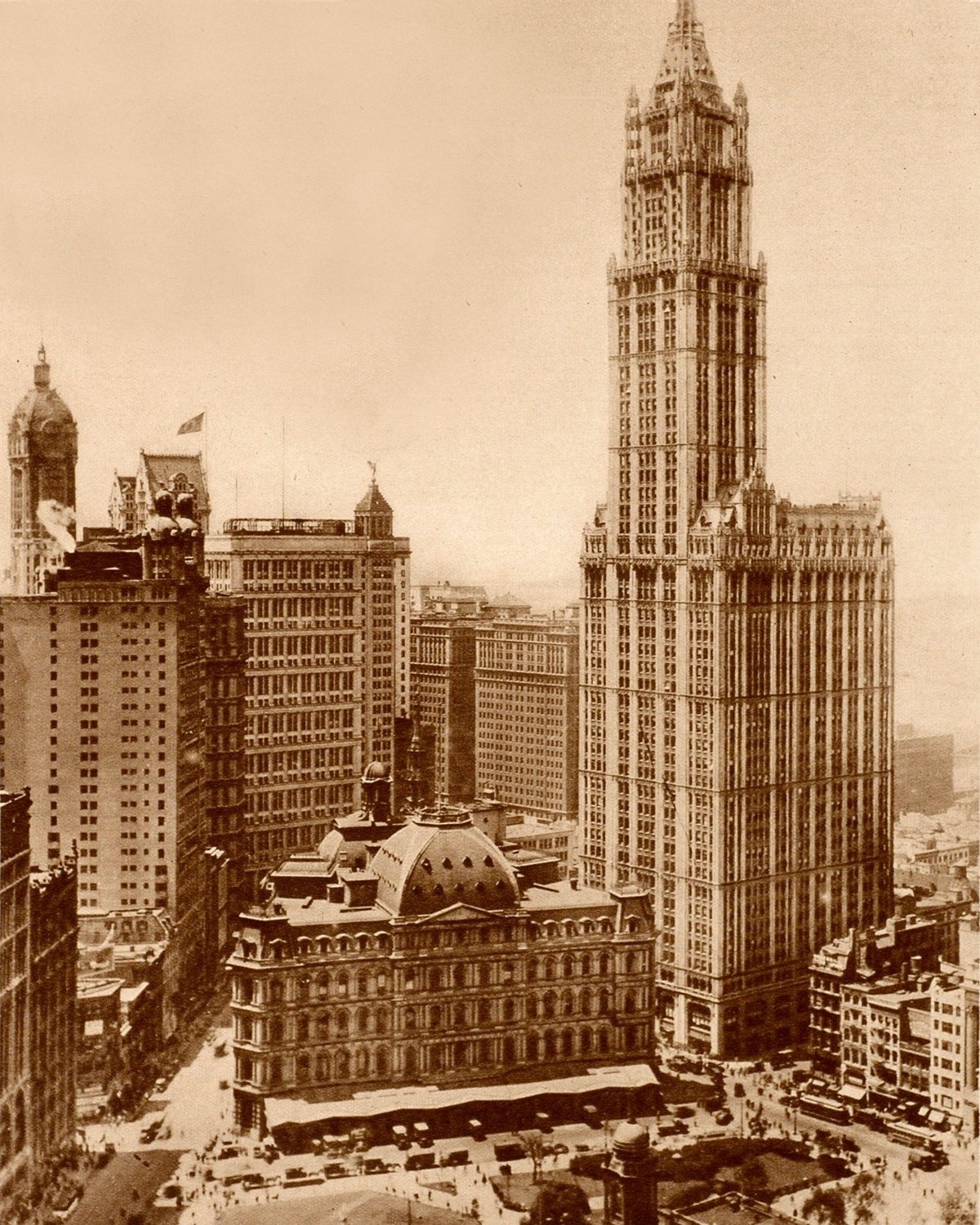 Panoramic view of New York City in 1926 with Woolworth Building and Singer Building tower
