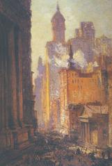 Painting of Broadway from the Post Office on Wall Street showing bustling urban cityscape with tall buildings and busy streets