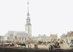 1790 watercolor painting of La place du marché in Montreal by Paul Sandby junior