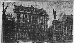 Historic view of Place d'Armes square in Montreal's business center featuring the Imperial Building and Maisonneuve Monument in 1904