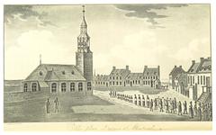 Historical lithograph of Place d'Armes in Montreal from 1816 by Lambert