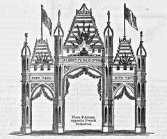 Engraving of temporary arch on Place d'Armes Montreal welcoming Prince Albert of Wales