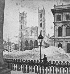 Historic view of Notre-Dame Cathedral and Place d'Armes in Montreal, Quebec, 1870s