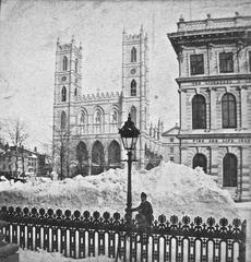 Historic view of Notre-Dame Cathedral and Place d'Armes in Montreal