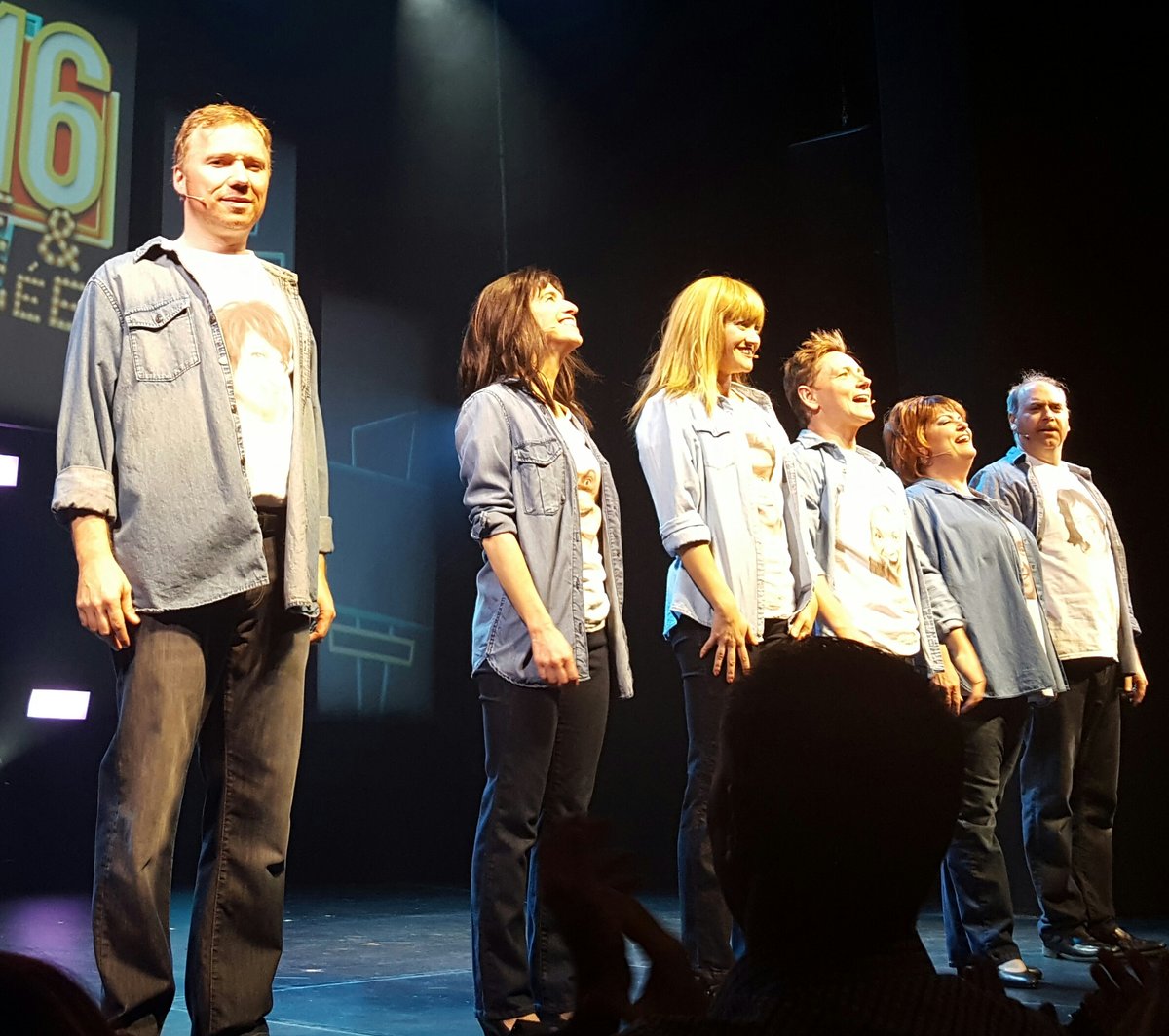François Maranda, Marc St-Martin, France Parent, Julie Ringuette, Amélie Grenier and Martin Héroux at Rideau-Vert Theatre in Montreal after the play 2016 revue et corrigée