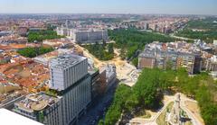Panoramic view of Madrid skyline from Sky Bar 360 at Hotel Riu Plaza España rooftop