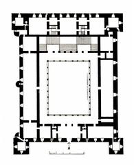 Historic architectural floor plan of Toledo Alcazar by Alonso de Carrubias and Herrera from 1548-1598