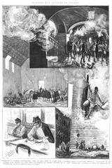 Historic collage of the 1887 fire at Alcázar of Toledo showing dramatic scenes of the blaze