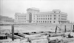 Historic Canadian Northern Railway False Creek station and adjacent land being filled in Vancouver, 1918