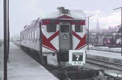 Canadian Pacific RDC 9067 train at Windsor Station in Montreal with Grey Nuns convent spire in background, October 1971