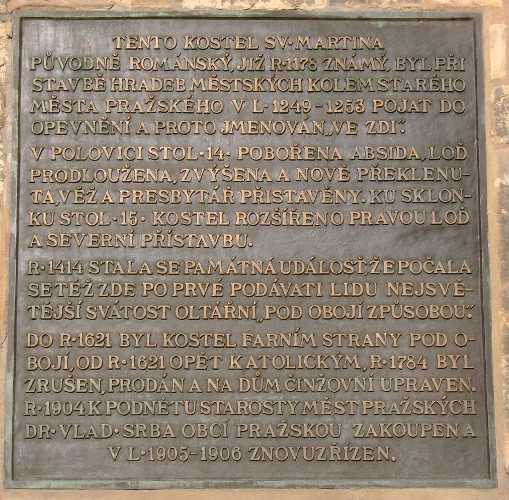 Historical plaque at the Church of Saint Martin in the Wall in Prague