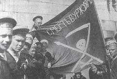 Revolutionary Russian sailors of battleship Petropavlovsk in Helsinki summer 1917 with anti-bourgeois flag