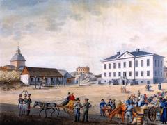 Carl Ludvig Engel painting of Helsinki's Suurtori, now Senate Square, featuring Ulrika Eleonora Church and the Old Cavalry Barracks on the left, and the Old Town Hall on the right