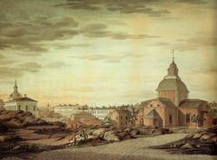 Watercolor painting of the old Main Square in Helsinki with Ulrika Eleonora Church and renovated buildings
