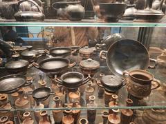 Ancient plates and containers displayed at Medelhavsmuseet