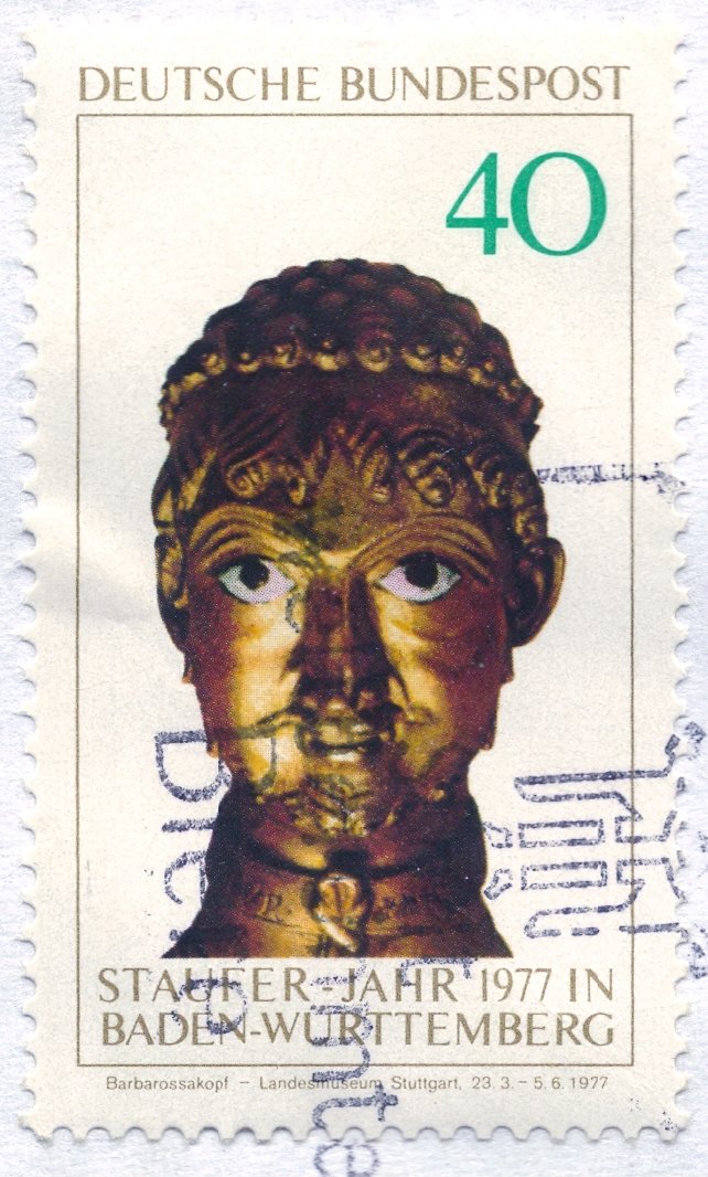 German postage stamp featuring Friedrich I Barbarossa, Cappenberg reliquary, issued during Staufer Year 1977 in Baden-Württemberg