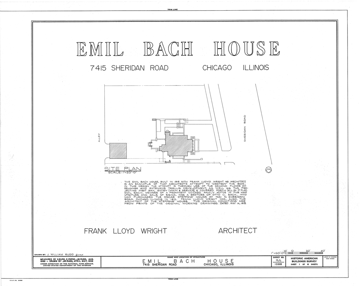 Emil Bach House architectural drawing front elevation and floor plans