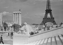 German pavilion with fountains and Eiffel Tower viewed from Palais de Chaillot steps Paris 1937
