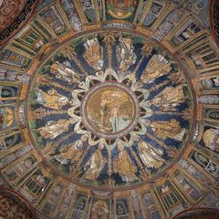 Mosaic ceiling inside the Baptistery of Neon in Ravenna showing intricate early Christian designs