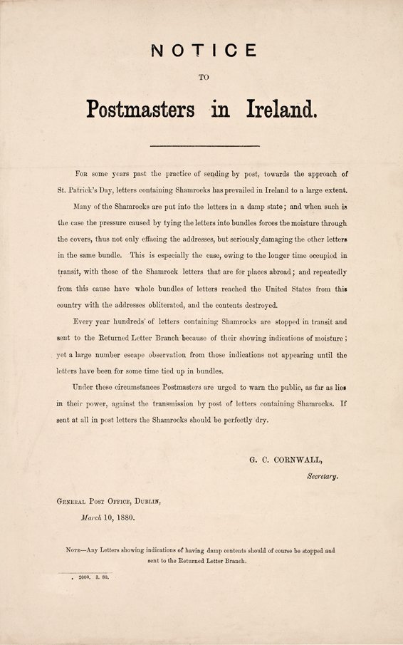 1880 Post Office Notice from GPO Dublin about soggy shamrock in mail