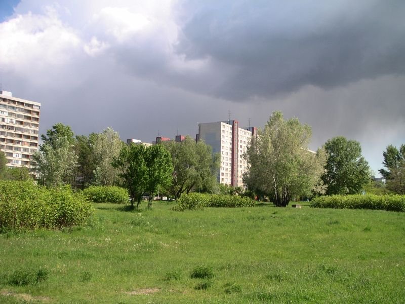 Apartment building behind trees and green meadow on Rovniankova street in Bratislava