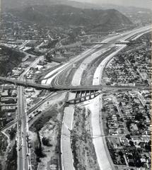 Temporary terminus of Interstate 5 on Riverside Drive with Glendale Boulevard, Las Feliz Boulevard interchange, and Griffith Park ramps in background