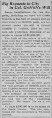 Historical newspaper page titled Big Bequests for City in Griffith Will from Los Angeles Evening Post-Record dated July 12, 1919