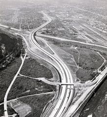 Golden State Freeway looking northwest across northeast corner of Griffith Park with three-leg connection to Victory Street and future southeast Colorado Freeway connection stubs